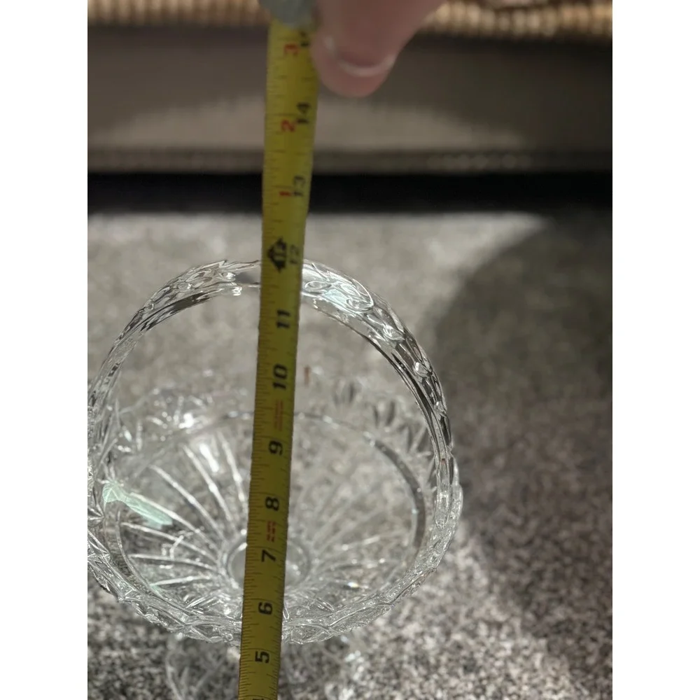 Vintage Cut Crystal Glass Pedestal Basket Scalloped Rim Etched Handle 12in